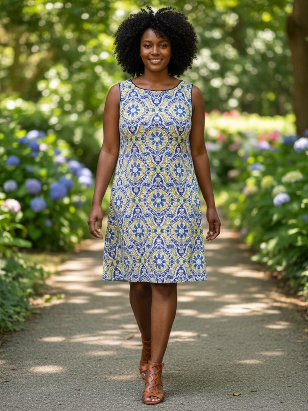 Betsey Johnson Mosaic Print Cotton Summer Shift Dress Size 14 Blue Yellow Pink